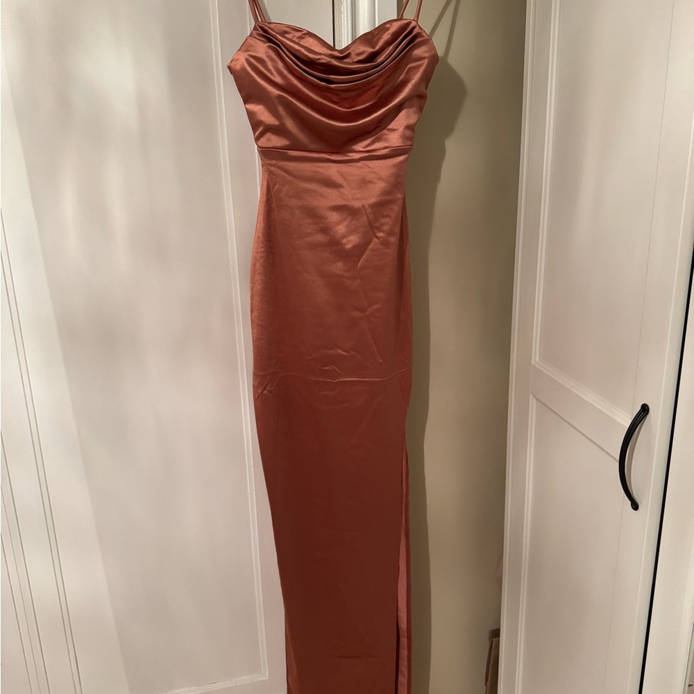 Windsor Lola Satin maxi Dress with slit in Rose Gold
